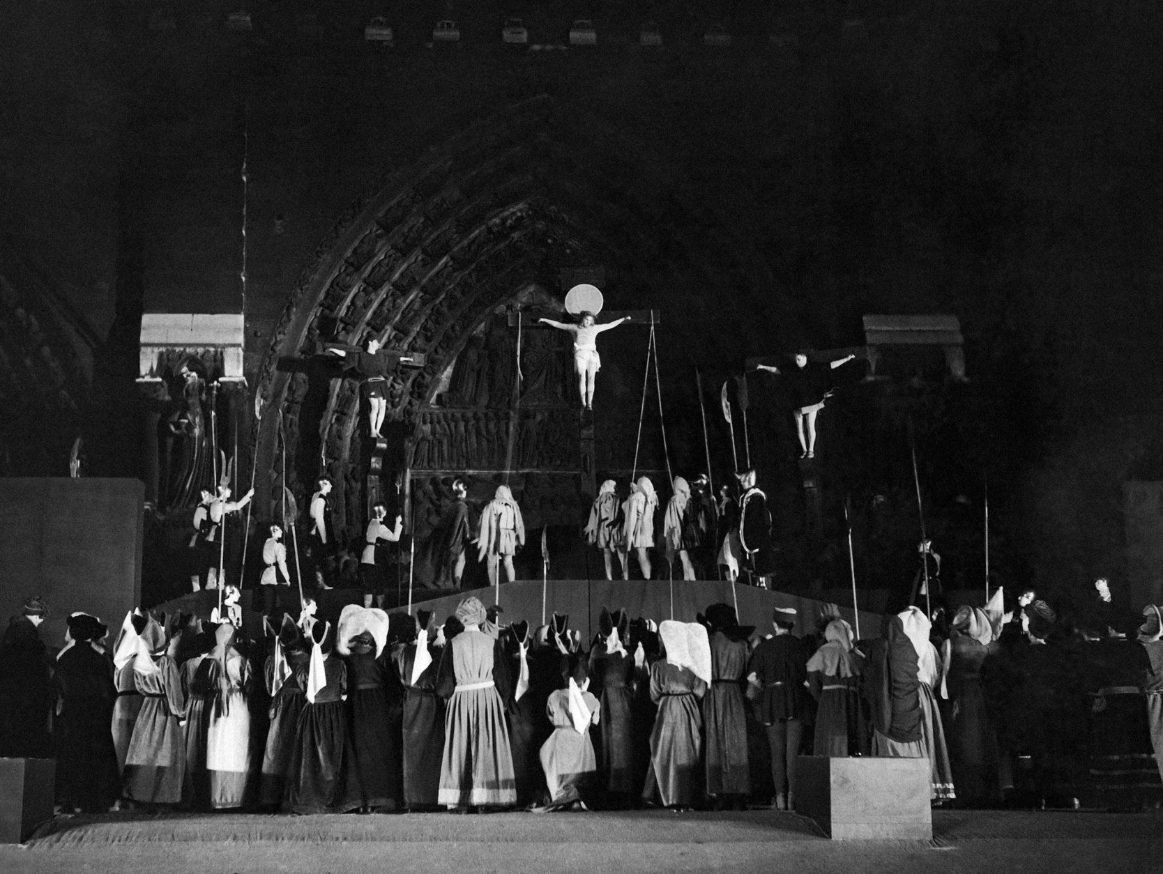 The scene of Golgotha during the Passion Play in Notre Dame, Paris, France on June 4, 1936. (AP Photo)