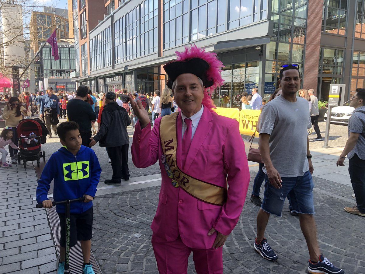 The "mayor" of the Wharf made an appearance donning a pink suit. (WTOP/Mike Murillo) 