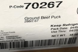 Affected ground beef products include two 24-pound vacuum-packed packages in cardboard boxes containing raw “ground beef puck” with “use-thru” dates of April 14, April 17, April 20, April 23, April 28, and April 30. They were produced on March 26, March 29, April 2, April 5, April 10 and April 12. They also have the establishment number “EST. 51308” inside the boxes' USDA inspection mark. (Courtesy USDA)