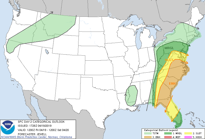 The Storm Prediction Center has the D.C. area outlooked for a "Slight Risk" of severe thunderstorms on Friday, with the "Enhanced Risk" area too close for comfort. This image was produced Thursday afternoon and will change with time. An explanation of these categories can be <a href="https://www.spc.noaa.gov/misc/about.html">found here</a>. (Courtesy Storm Prediction Center/NOAA)
