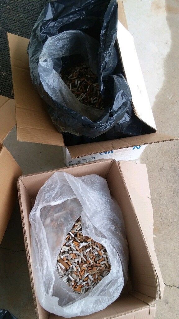 These are among the first boxes of cigarette butts to be recycled. (WTOP/John Domen)