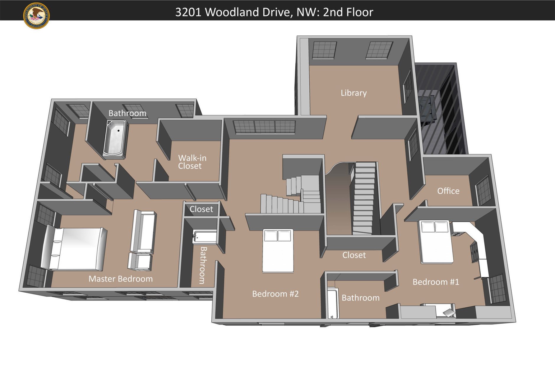 A layout of the second floor of 3201 Woodland Drive. The bodies of the adults were found in Bedroom 1. Philip's body was recovered from Bedroom 2. (Courtesy U.S. Attorney's Office for D.C.)
