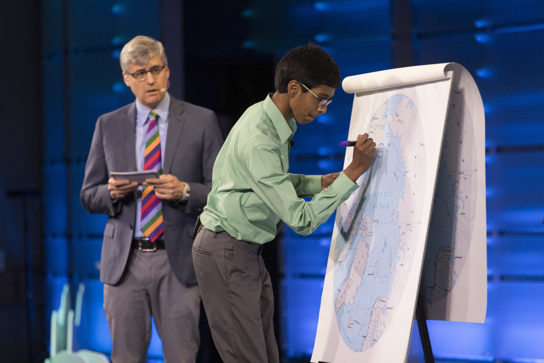 Rishi Kumar (Maryland) draws his answer to the new Mapmaker round of the 2019 National Geographic GeoBee finals. Rishi placed third in the 2019 National Geographic GeoBee. (Mark Thiessen/National Geographic)