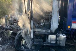 A garbage truck crashed and caught fire Wednesday morning in Montgomery County. (Courtesy Montgomery County Fire & Rescue)