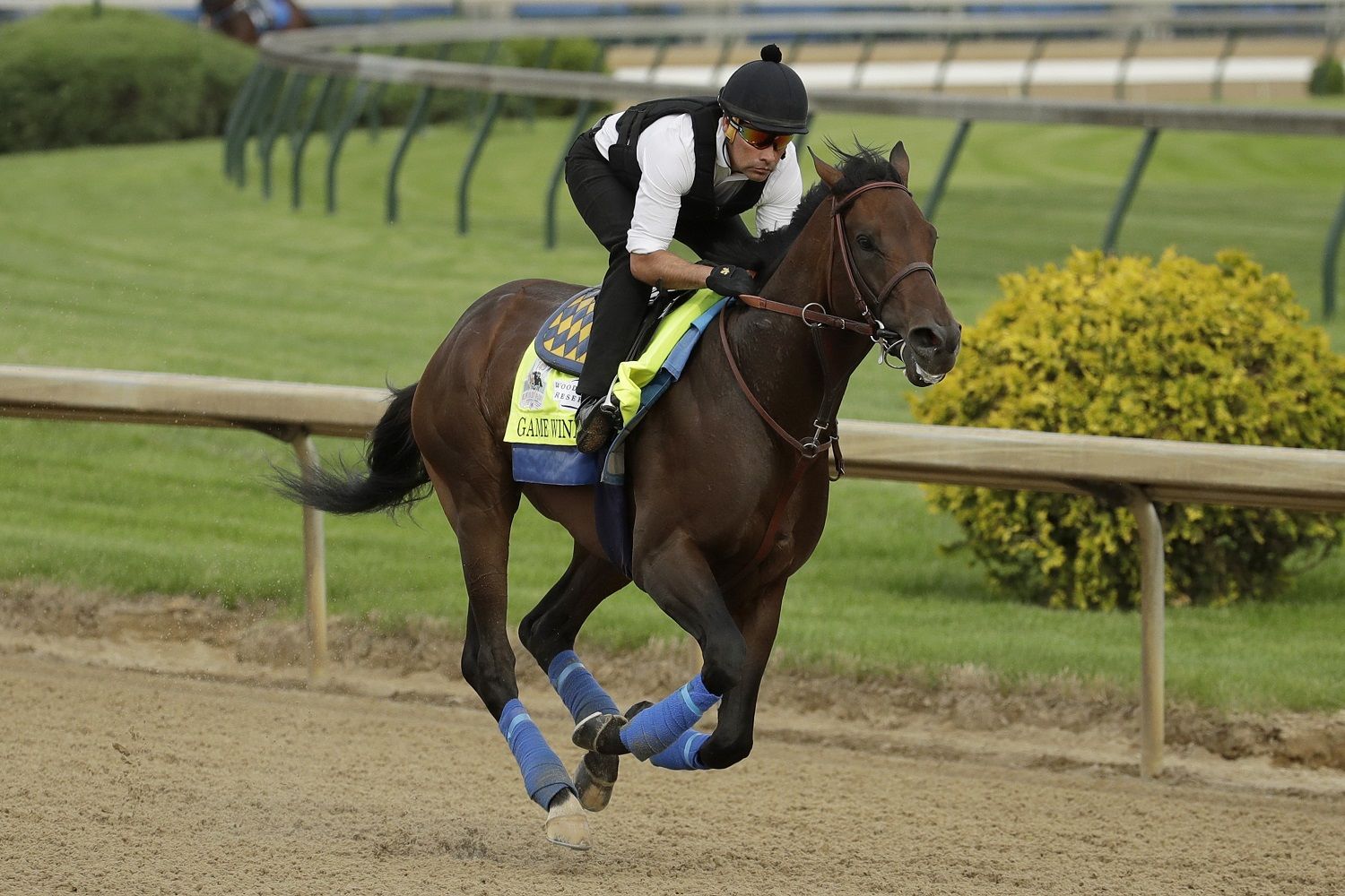 Kentucky Derby entrant Game Winner is ridden during a workout at Churchill Downs Wednesday, May 1, 2019, in Louisville, Ky. The 145th running of the Kentucky Derby is scheduled for Saturday, May 4. (AP Photo/Charlie Riedel)
