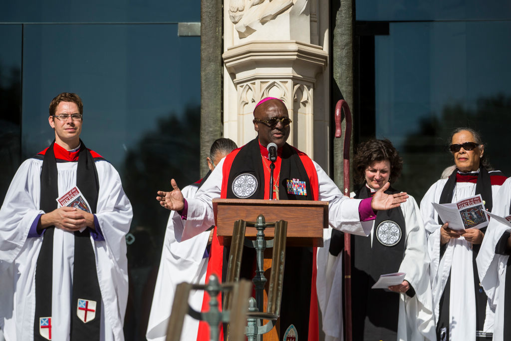 The Rt. Rev. Carl Walter Wright, VII Bishop Suffragan for the Armed Forces and Federal Ministries, speaks during a blessing of the bikes event at the Washington National Cathedral on May 24, 2019 in Washington, DC. Rolling Thunder will mark the 32nd anniversary of its annual "Ride for Freedom" motorcycle procession and commemorative events this Memorial Day weekend for raising the attention of POW and MIA issues (Photo by Zach Gibson/Getty Images)