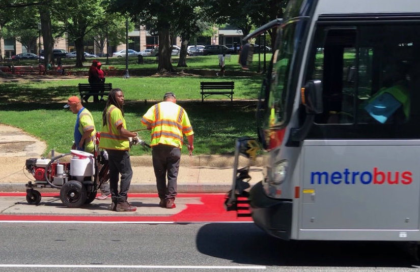 A pilot program creating bus-only lanes along busy corridors in downtown D.C. launches Monday. (WTOP/Kristi King)