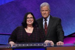 Teacher Sara DelVillano with "Jeopardy!" host Alex Trebek. (Courtesy Jeopardy)