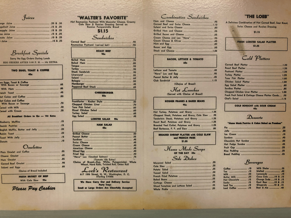The orignial 1959 Loeb's Deli menu with 90 cent pastrami sandwiches. (Courtesy Loeb's Deli)