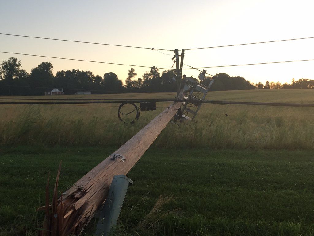 A pole was toppled over in Howard County near Triadelphia and Howard Road Friday morning after thunderstorms and a confirmed tornado hit the region. (WTOP/John Domen) 