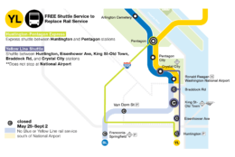 There will be an express shuttle between Huntington and Pentagon stations available. The Yellow Line shutdown will have a shuttle between Huntington, Eisenhower Avenue, King Street-Old Town, Braddock Road and Crystal City stations. (Courtesy Metro)
