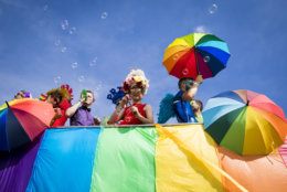 BRIGHTON, ENGLAND - AUGUST 04:  Parade goers during Brighton Pride 2018 on August 4, 2018 in Brighton, England.  (Photo by Tristan Fewings/Getty Images)