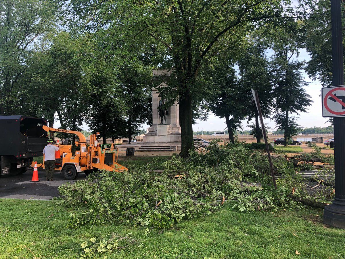 Crews clear downed trees at the John Paul Jones Memorial on Independence Avenue in D.C. after a storm on Thursday, May 22, 2019. (Courtesy National Park Service)