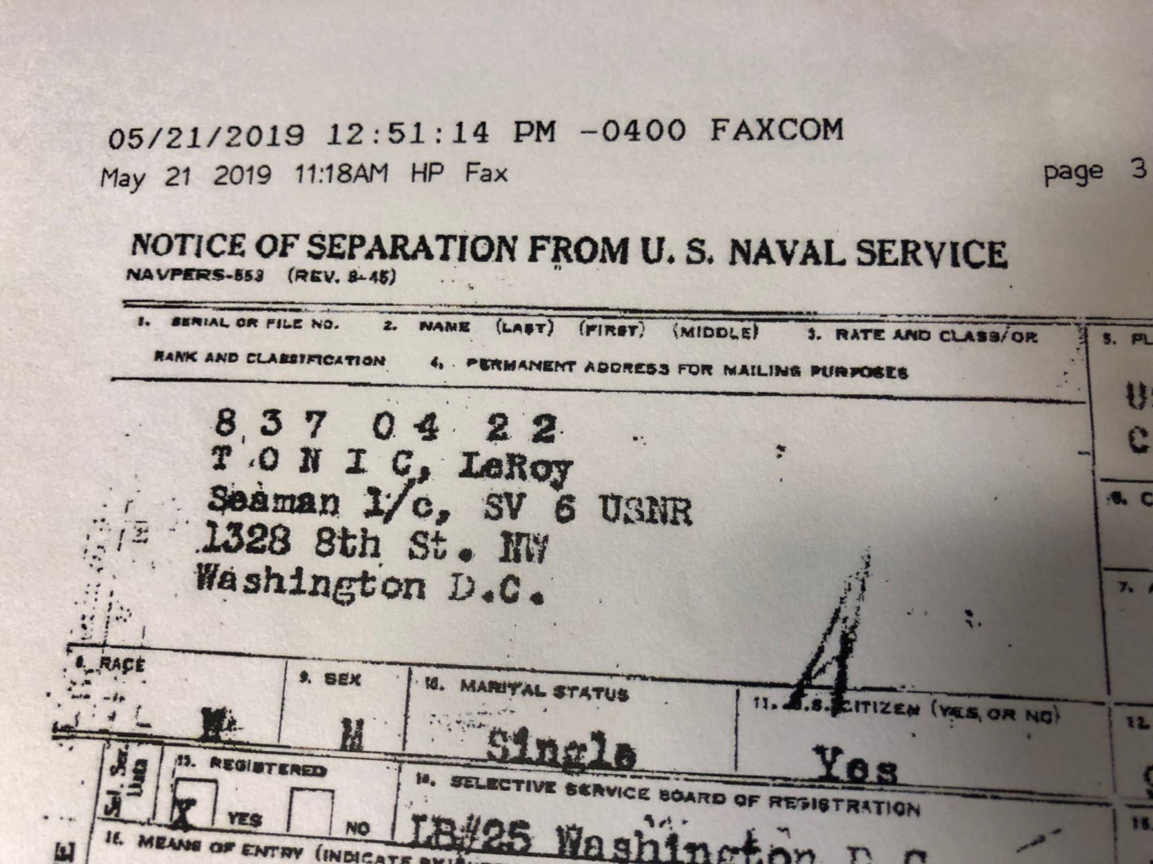 A copy of Leroy Tonic's separation papers shows his D.C. address. (WTOP/Kristi King)