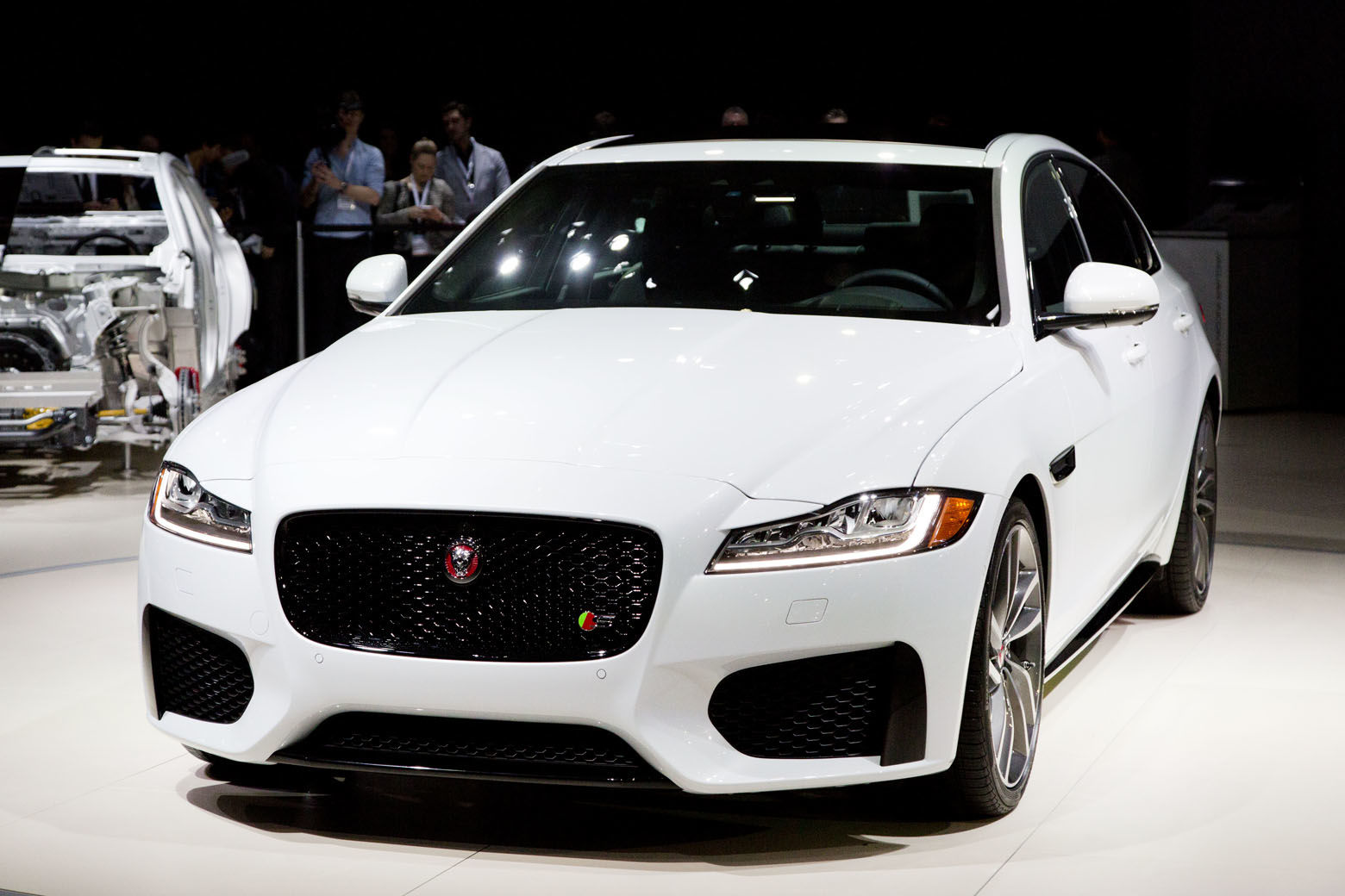 The 2016 Jaguar XF is displayed at the New York International Auto Show, Wednesday, April 1, 2015. (AP Photo/Mark Lennihan)