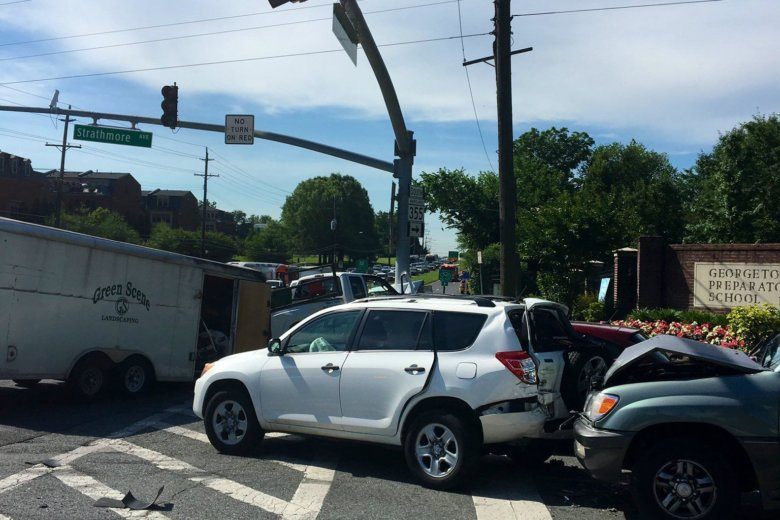 Multiple people were injured after a landscaping truck crashed Monday on Rockville Pike. (Courtesy Montgomery County Fire & Rescue)