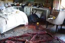 The bloody scene in the bedroom where the three adults were found. If you look carefully, you can see two Domino's pizza boxes perched on a box near the window. (Courtesy U.S. Attorney's Office for D.C.)