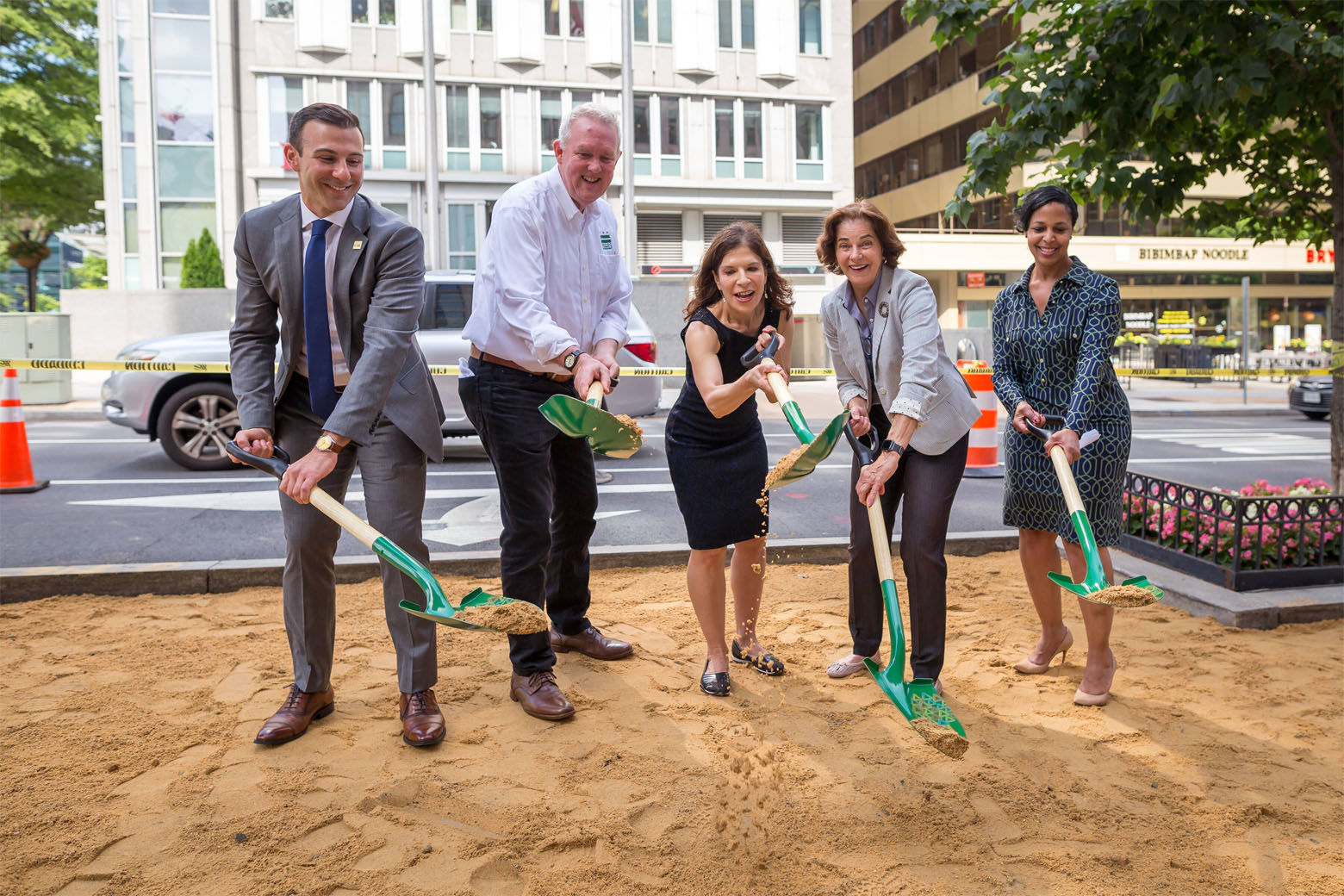 Director of the District Department of Transportation Jeff Marootian;  Director of the Department of Energy &amp; Environment Tommy Wells, Executive Director of the Golden Triangle Business Improvement District Leona Agouridis; D.C. Council Member Mary Cheh; and Pepco Region President Donna Cooper. The officials broke ground on broke ground on 10 new rain gardens and nine expanded tree boxes along 19th Street in Northwest D.C. (Courtesy Golden Triangle BID)
