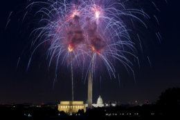 Fireworks explode over Lincoln Memorial, Washington Monument and U.S. Capitol along the National Mall in Washington, Wednesday, July 4, 2018, during the Fourth of July celebration. (AP Photo/Jose Luis Magana)