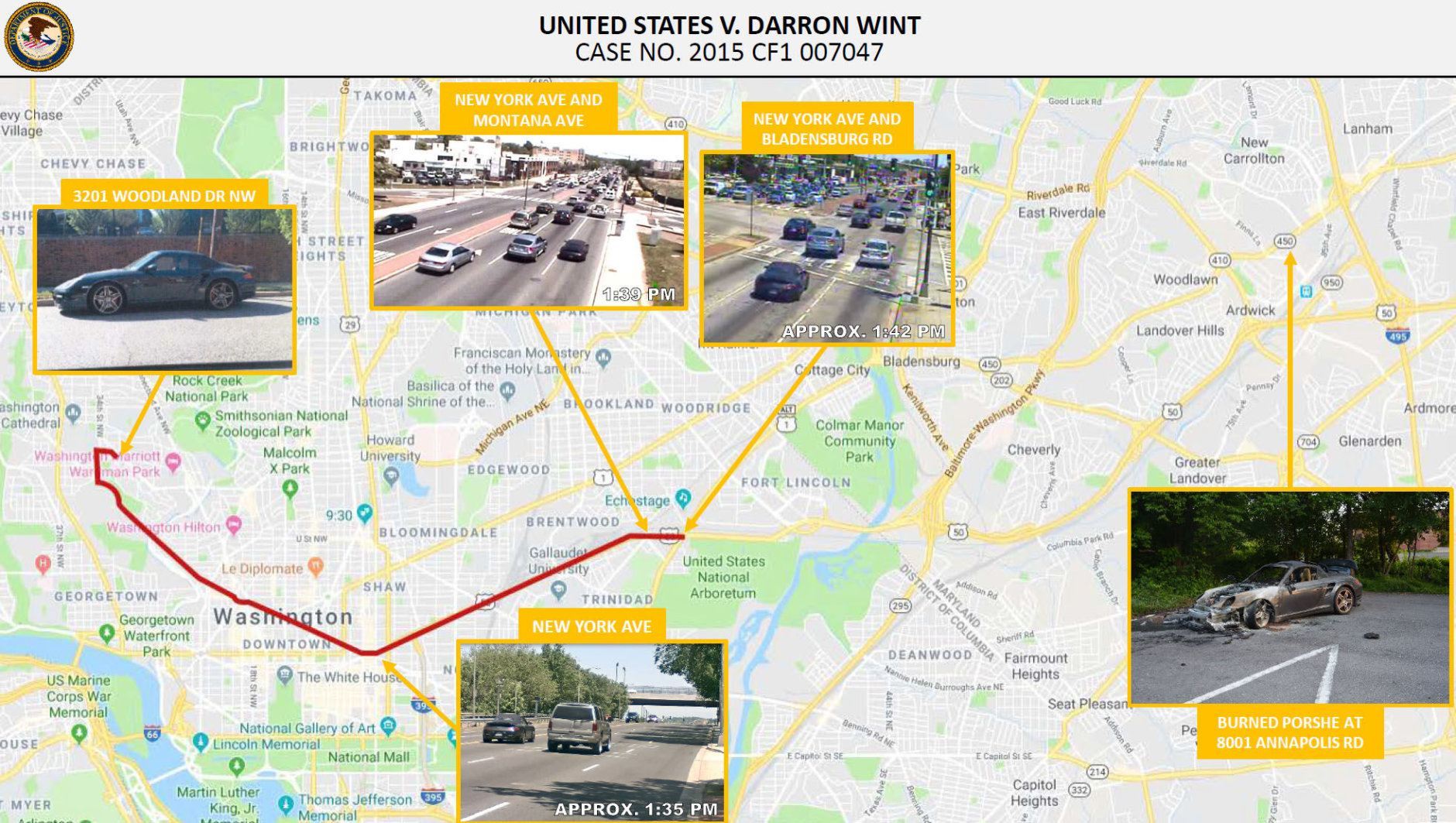 An exhibit from the U.S. Attorney's Office tracking showing footage from traffic cameras that captured Amy Savopoulos' blue Porsche being driven out of D.C. and into Prince George's County where it was later found set on fire. (Courtey U.S. Attorney's Office for D.C.)