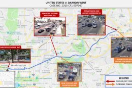 Another exhibit from the U.S. Attorney's Office tracking showing traffic camera footage that picked up a tow truck heading into downtown D.C. and then later towing a blue minivan to the same parking lot where the Porsche ended up burned. (Courtesy U.S. Attorney's Office)