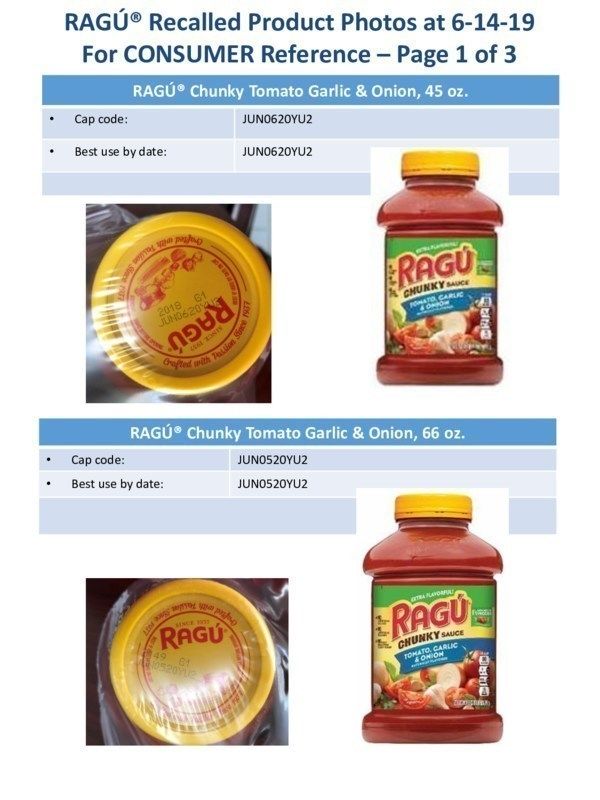 RAGÚ® Recalled Product Photos at 6-14-19
For CONSUMER Reference
