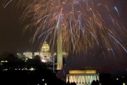 Fireworks explode over the National Mall for Fourth of July celebration in Washington as seen from "Top of the Town," a reception and conference facility in Arlington, Va., on Saturday, July 4, 2015. (AP Photo/Jacquelyn Martin)
