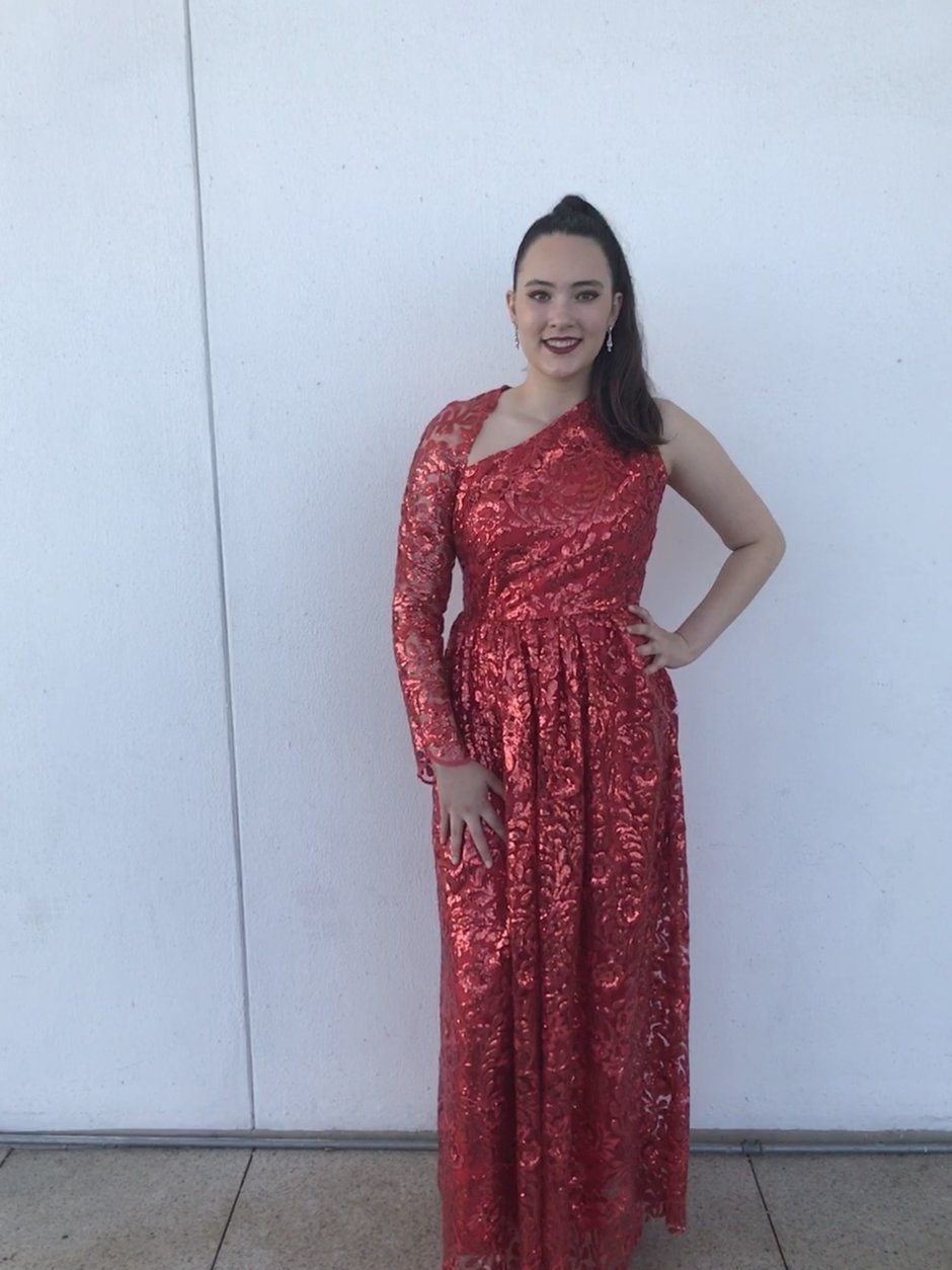 For a theater event at the Kennedy Center, Christina made a one-sleeve red sequin gown. It was a last-minute creation she made in one day. (Courtesy Anna McDonald)