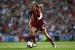 BRIGHTON, ENGLAND - JUNE 01: Jill Scott of England Women runs with the ball during the International Friendly between England Women and New Zealand Women at Amex Stadium on June 01, 2019 in Brighton, England. (Photo by Steve Bardens/Getty Images)