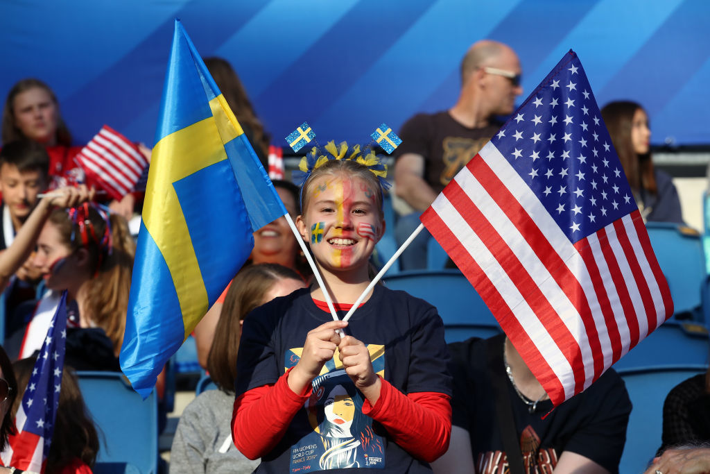 LE HAVRE, FRANCE - JUNE 20: Fans enjoy the pre match atmosphere prior to the 2019 FIFA Women's World Cup France group F match between Sweden and USA at Stade Oceane on June 20, 2019 in Le Havre, France. (Photo by Alex Grimm/Getty Images)