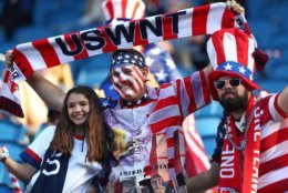 LE HAVRE, FRANCE - JUNE 20: USA fans enjoy the pre match atmosphere prior to the 2019 FIFA Women's World Cup France group F match between Sweden and USA at Stade Oceane on June 20, 2019 in Le Havre, France. (Photo by Martin Rose/Getty Images)