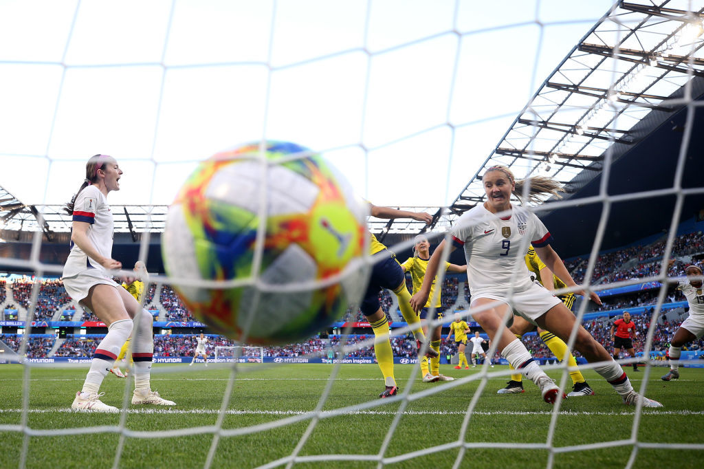 LE HAVRE, FRANCE - JUNE 20: Lindsey Horan of the USA scores her team's first goal the 2019 FIFA Women's World Cup France group F match between Sweden and USA at Stade Oceane on June 20, 2019 in Le Havre, France. (Photo by Alex Grimm/Getty Images)