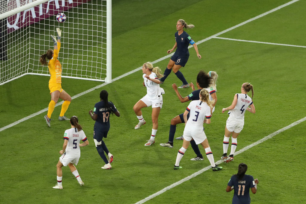 PARIS, FRANCE - JUNE 28:  Wendie Renard of France scores her team's first goal during the 2019 FIFA Women's World Cup France Quarter Final match between France and USA at Parc des Princes on June 28, 2019 in Paris, France. (Photo by Robert Cianflone/Getty Images)