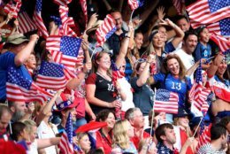 PARIS, FRANCE - JUNE 28:  Fans of USA show their support during the 2019 FIFA Women's World Cup France Quarter Final match between France and USA at Parc des Princes on June 28, 2019 in Paris, France. (Photo by Alex Grimm/Getty Images)