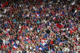 PARIS, FRANCE - JUNE 28:  Fans show their support during the 2019 FIFA Women's World Cup France Quarter Final match between France and USA at Parc des Princes on June 28, 2019 in Paris, France. (Photo by Richard Heathcote/Getty Images)
