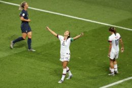 PARIS, FRANCE - JUNE 28:  Alex Morgan of the USA celebrates following victory in the 2019 FIFA Women's World Cup France Quarter Final match between France and USA at Parc des Princes on June 28, 2019 in Paris, France. (Photo by Robert Cianflone/Getty Images)