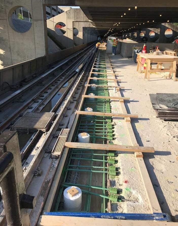 At Huntington Station, demolition of the inbound and outbound platform edge is complete, and the formwork and rebar are being installed. (Courtesy WMATA)
