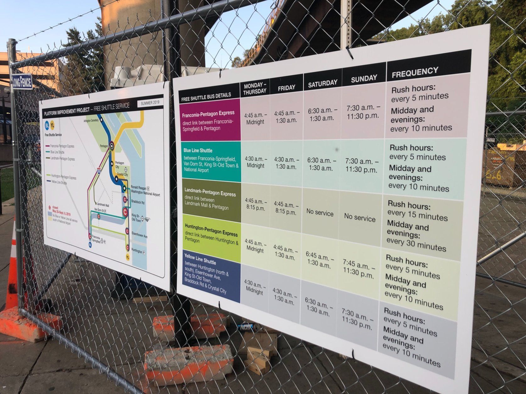 A chart detailing the changes that have been made to the shuttle routes between Huntington and Pentagon Stations. (WTOP/Melissa Howell)