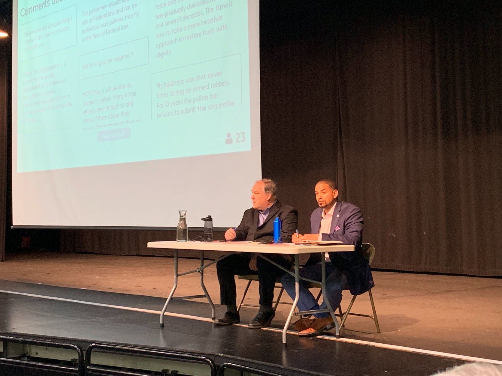 The meeting at John F. Kennedy High School in Silver Spring, Maryland, was hosted by county council member Will Jawando and County Executive Mark Elrich. (WTOP/Mike Murillo)