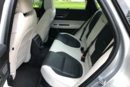 The interior color of the Jaguar XF Sportbrake is different — a light Oyster color with Ebony inserts on the seats and door panels that WTOP Car Reviewer Mike Parris says work very well together. (WTOP/Mike Parris )