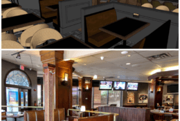 Joe Theismann’s Restaurant in Old Town Alexandria is getting a renovation. Above are top-to-bottom comparisons of the new look (top, rendering) and the old look (bottom). (Courtesy Alexandria Restaurant Partners)