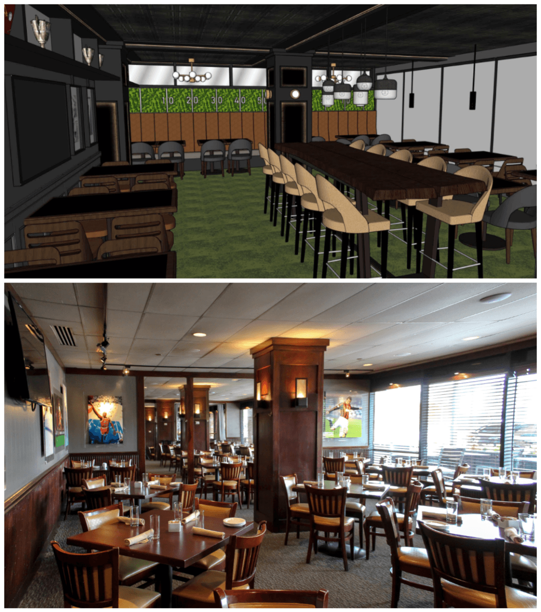 Joe Theismann’s Restaurant in Old Town Alexandria is getting a renovation. Above are top-to-bottom comparisons of the new look (top, rendering) and the old look (bottom). (Courtesy Alexandria Restaurant Partners)