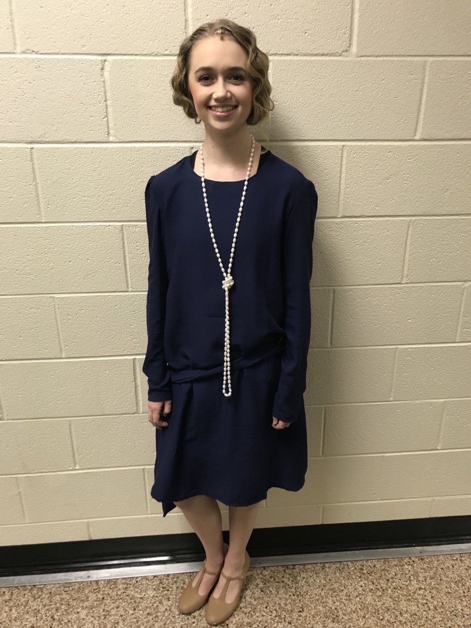 Christina's friend Julia was the lead actress in their school play "Singin’ in the Rain." She made this dress with a light, flowy crepe fabric. Her low-waisted dress followed the popular styles of the 1920s. (Courtesy Christina Mellott)