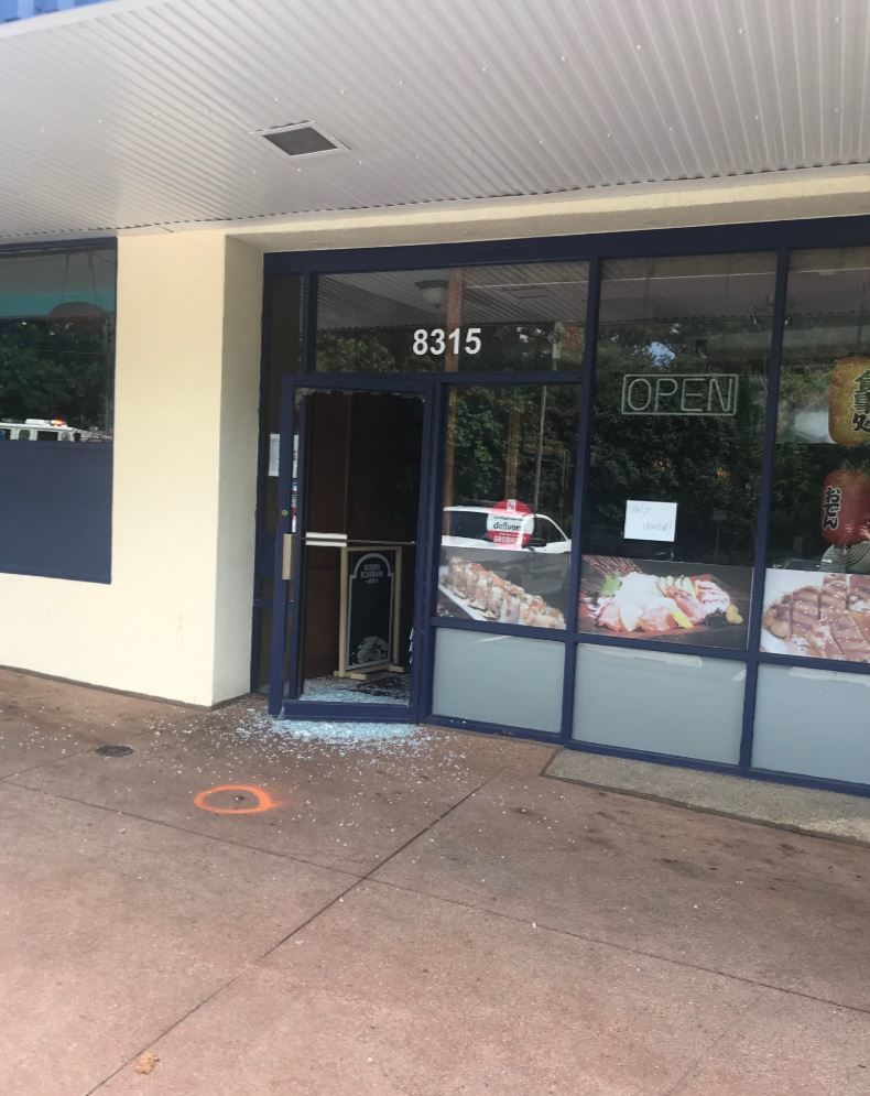 The businesses hit in the Rock Creek Shopping Center on Grubb Road included Parkway Deli, Red Maple Asian Bistro and Fiona Nail Lounge. (WTOP/Dick Uliano)