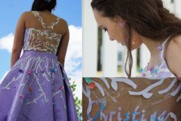 In addition to the dress, Christina made matching accessories, including duct tape floral earrings and headpiece. The back bodice of the dress had a sheer panel that included her name (cut by hand) using iridescent tape. (Courtesy Christina Mellott)