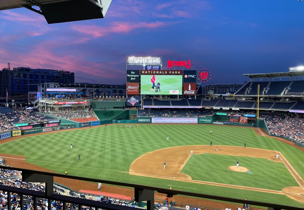 Dusk settles at Nationals Park in D.C. during the fourth inning of the 2019 Congressional Baseball Game for Charity. (WTOP/Noah Frank)