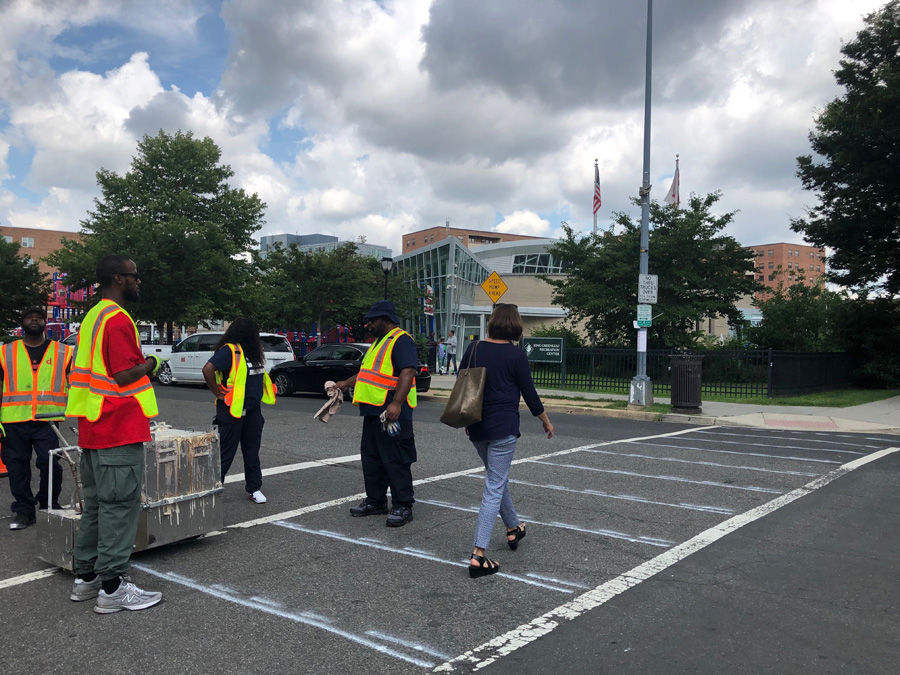 A more-visible crosswalk has been considered essential for the intersection outside the King Greenleaf Recreation Center, which Is located not far from Nationals Park and Audi Field. (WTOP/Kristi King)