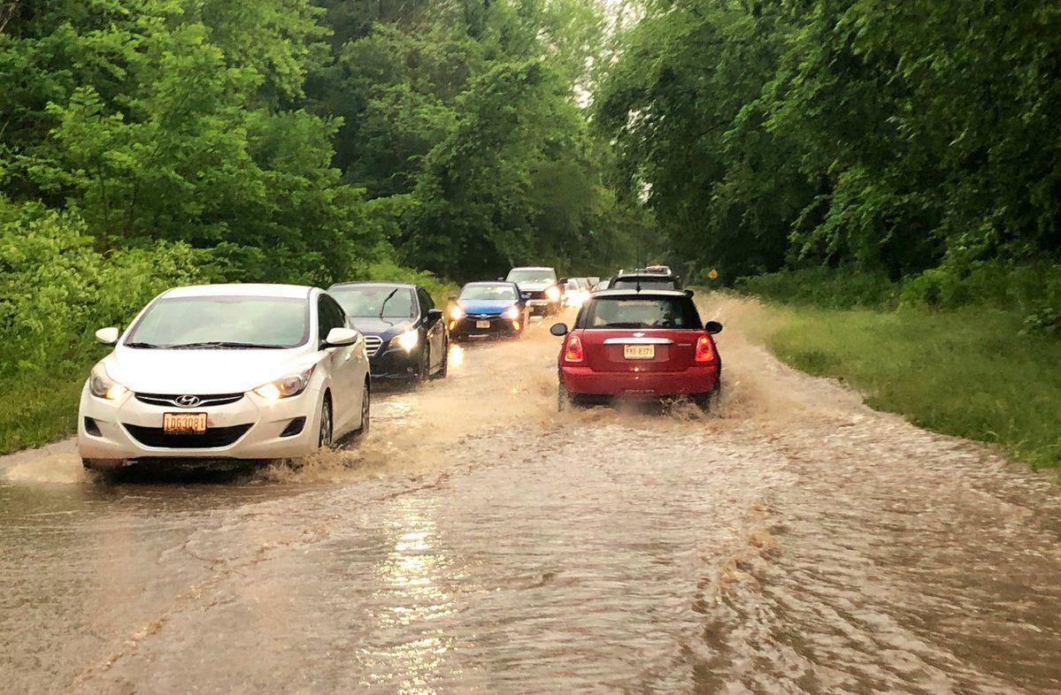 High standing water and bobbing hail stones on Clara Barton Parkway near Little Falls on June 2. (WTOP/Dave Dildine) 