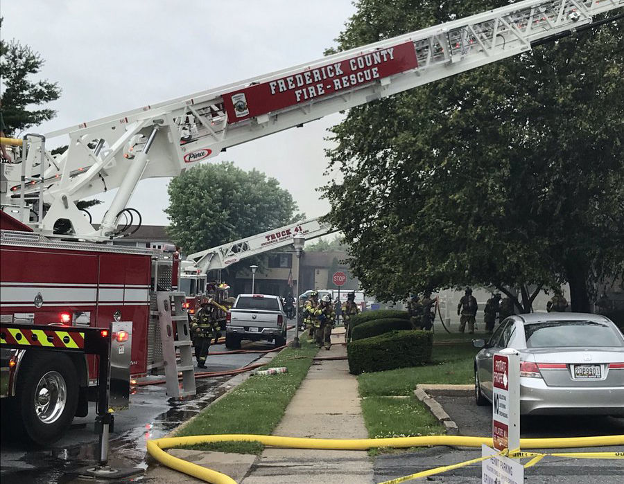 Seventy-five firefighters responded to the three-alarm fire, which spread quickly due to the building's age and primarily wooden frame, leading to a partial collapse on the second floor. (Courtesy Frederick County Fire and Rescue Services)