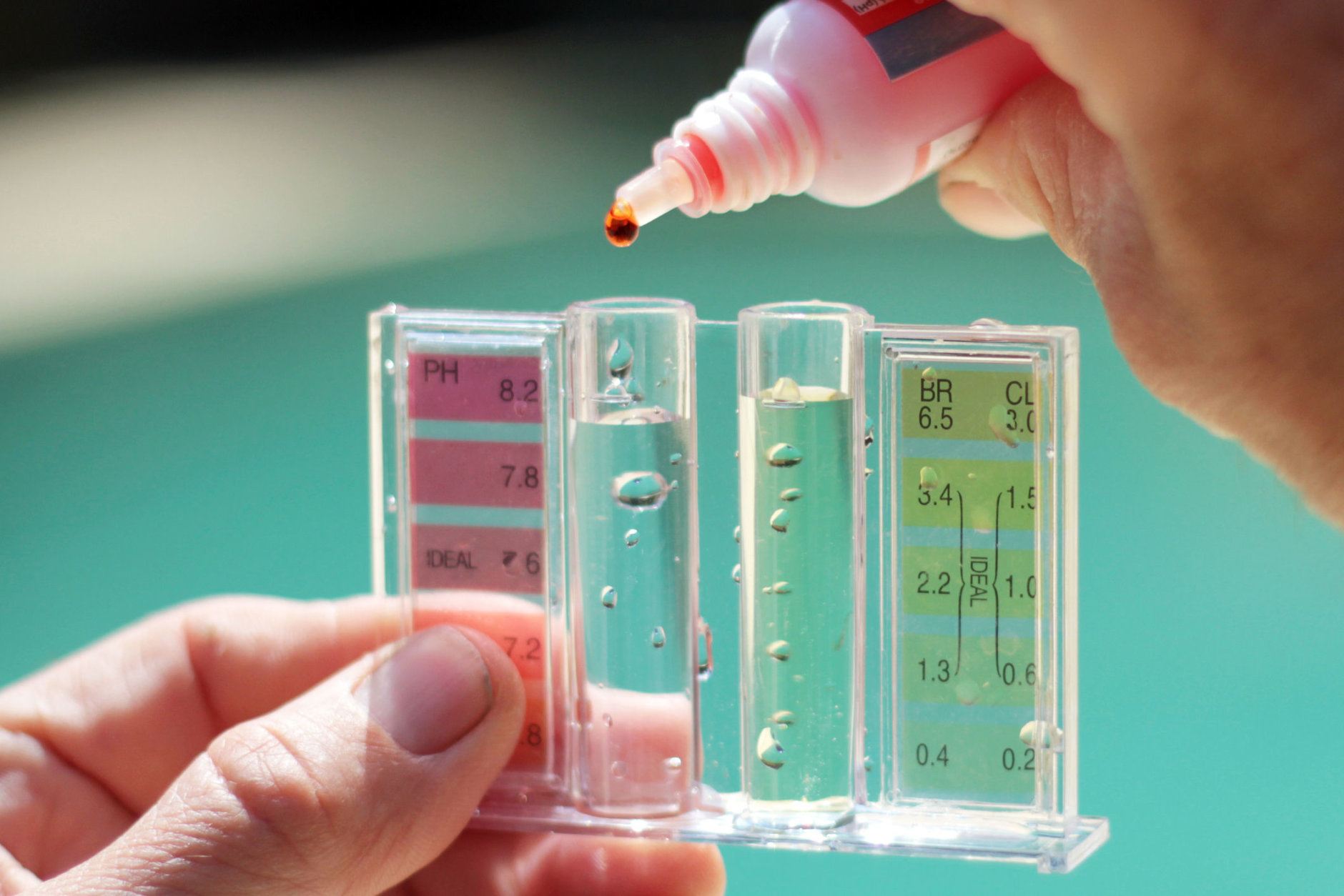 Man checking the pool water quality; Close-up